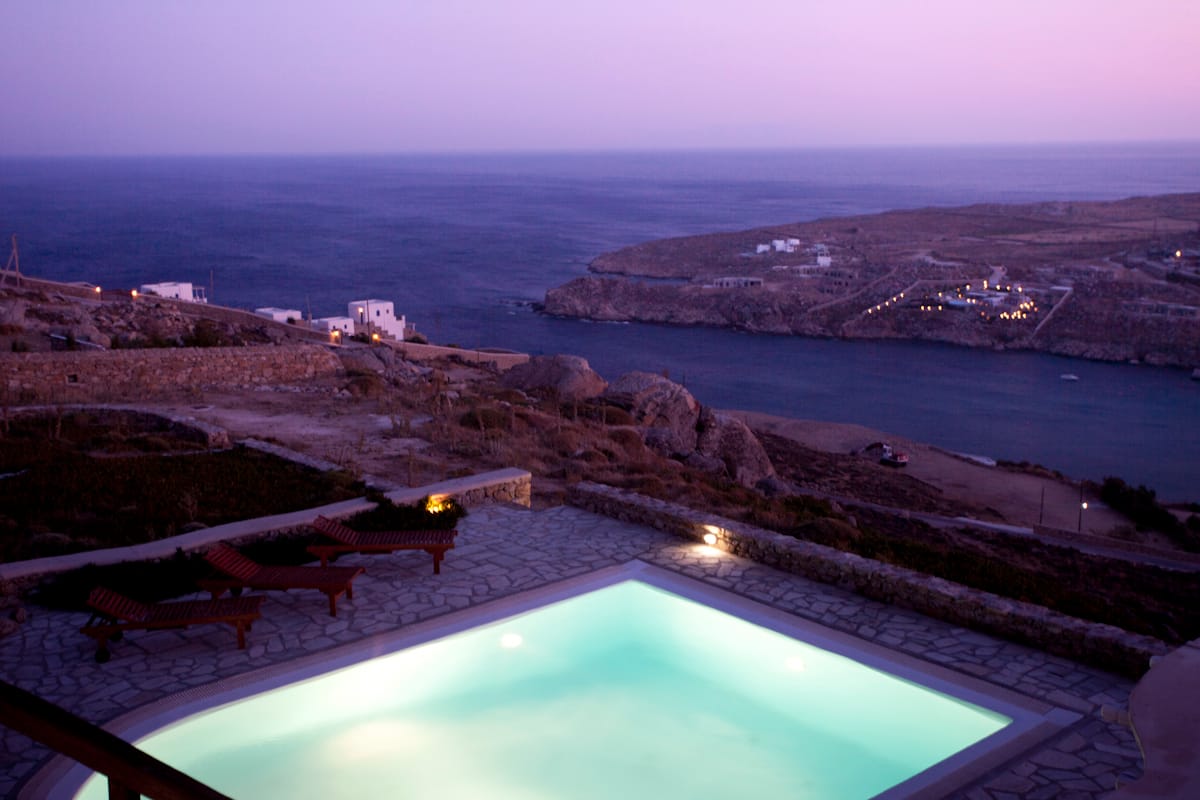The pool at dusk, looking over the bay